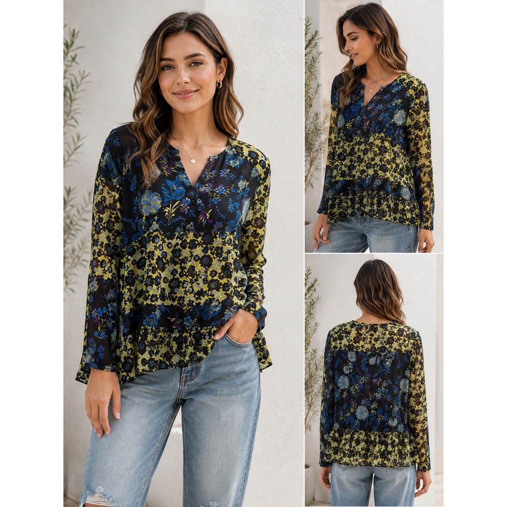 Free People XS Floral Boho Top Semi Sheer Flowy Ruffle Cottagecore Long Sleeve